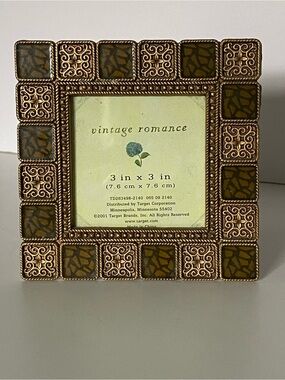 Vintage Metal Square Photo Frame 3x3” Embossed & Mosaic Look Squares EUC Burnes